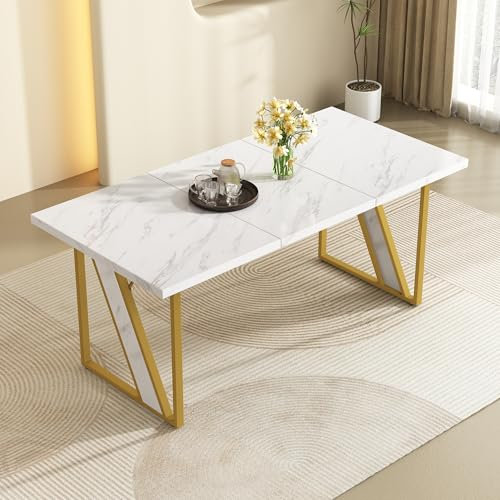 Esstisch mit 4 Stühlen Weiß Marmor Küchentisch und PU-Leder Stühle 4er Set, Esstisch mit Stühlen Küchenmöbel, 160 × 80 × 75 cm (Weiß + Gold (1 Tisch))