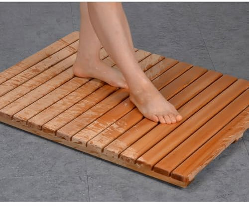 Large Natural Red Cedar Wood Bath Mat Non Slip Wooden Floor Mat for Shower Tray Indoor Bathroom Door Mat with Anticorrosion Coating 75x90cm