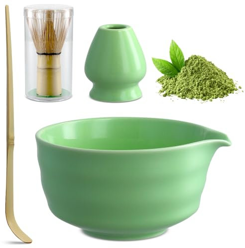 Matcha Whisk Set Japanese Matcha Tea Set Handmade Matcha Making Kit Ceramic Matcha Bowl Matcha Whisk(Chasen) Scoop(Chashaku) Whisk Holder Matcha Long Handle Tea Strainer for Tea Lovers (5 Pcs)
