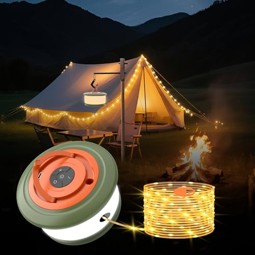 Phylosal 10m Camping Lichterkette Aufrollbar, 3 in 1 Outdoor Lichterkette mit 6 Beleuchtungsmodi, LED Tragbare Vielseitige Campinglampe Lichterkette Außen für Camping Hof Garten Häuser Dekoration