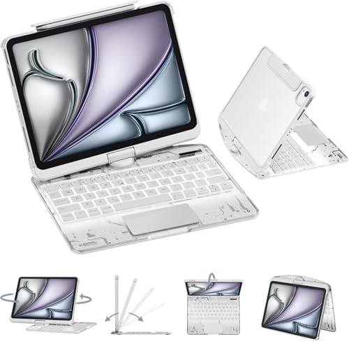 GUSGU Custodia trasparente con tastiera wireless per iPad Air 13 pollici (M3/M2, 2025/2024), 7 colori backlight, trackpad, supporto girevole a 360° per iPad Pro 12,9 pollici (6/5/4/3° generazione