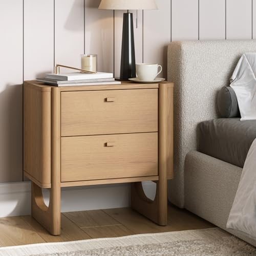 Nathan James Solace Mid Century Moderner Nachttisch mit 2 Schubladen, Massivholzrahmen und abgerundeten Details, Eiche roh