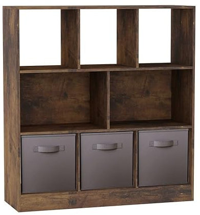 URBNLIVING Rustic Brown 8-Cube Asymmetrical Bookcase with 3 Drawer Inserts – Wood Storage Unit and Shelving Organizer- Grey