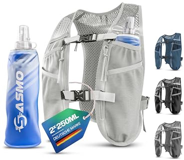 SASMO Gilet de course pour homme et femme 5 l, ultra léger 270 g et respirant, sac à dos de course, 8 poches, gilet d'hydratation, pour la course à pied, gris blanc, 2 x 250 ml, 5 l