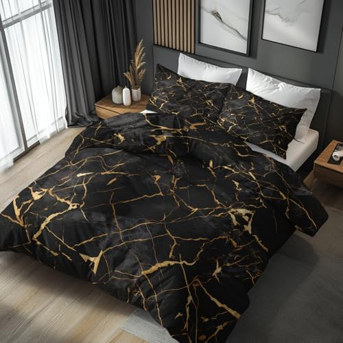 Generisch Bettwäsche 140x200 Schwarzer Marmor - Schlafzimmer Deko Bettbezug 140 x 200 2tlg Goldener Glitzer Modern Muster, 1 Kissenbezug 70x90, mit Reißverschluss, Weich Mikrofaser FO&130