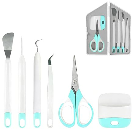 WISEPRO 6 Stück Vinyl-Werkzeug-Set mit Aufbewahrungsbox – Entgitterwerkzeug, Spachtel, Schere, Pinzette, Schaber & Perforierer – Ideal für Silhouette, Cameo, HTV & Bastelprojekt (Blau)