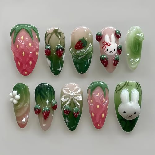 Cosblisvia 24Pcs Press on Nails for Women, 3D Strawberry Medium Almond False Nails, Reusable Stick on Nails, Artificial Nails for Daily Wear, Dinner, Travel, Salon Style