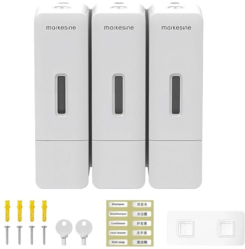Tressify Shampoo- und Conditioner-Spender mit 3 Kammern, Wandmontage, je 300 ml, ohne Bohren, Druckkontrolle, perlweiße Oberfläche für Badezimmer und Hotels