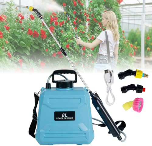 Aolawco Drucksprüher 8L, Akku Gartenspritze mit 3 Verstellbaren Düsen | Einziehbarer Stab, USB-aufladbarer Griff, Verstellbarer Schultergurt, Elektrischer Unkrautspritze für Garten, Rasen