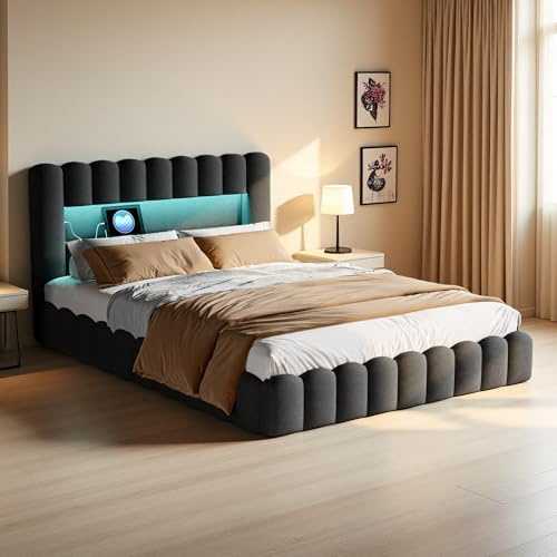 Zorvani Polsterbett 140x200cm mit USB-Ladefunktion, Bubble Bett, Doppelbett mit Stauraum und LED-Kopfteil, Hydraulisch Stauraumbett, Bettgestell mit Lattenrost, Jugendbett