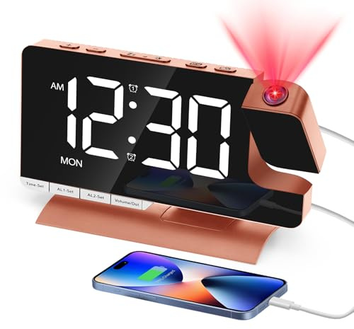 Venchin Wecker mit Projektion: 180° Projektor Uhr Digital 2 USB-Ladeanschluss 2 Alarmen 3 Modi 9 Mins Snooze 5 Lautstärke 12/24Hr DST 7.3 LED Digitaluhr EU Adapter - Rose Gold
