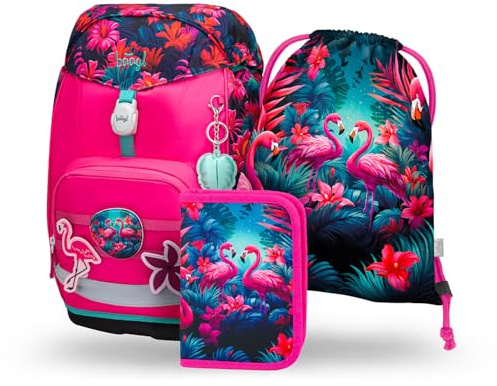 Baagl Airy Plus Schulranzen-Set 3-teilig, 25 l, ab 130 cm (Flamingo) | Isoliertes Snackfach; Magnetverschluss; Brust- und abnehmbarer Hüftgurt