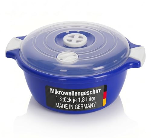 Lantelme Mikrowellenschüssel mit 1,8 Liter mit Dampfventil in Deutschland hergestellt stapelbar spülmaschinengeeignet Kunststoff Schüssel für Mikrowelle Kühl- Gefrierschrank (Blau)