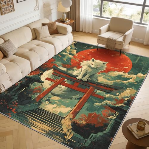 TerroVee Fuchs Teppich, Japanisch Kitsune Torii Teppiche rutschfest Waschbar Weich, Rot Sonne Fuchs Wohnzimmerteppich Schlafzimmer Jugendzimmer, 120x180 cm, Türkis Grün Rot