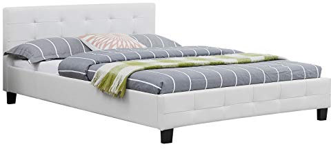 IDIMEX Lit Double pour Adulte Mathieu Couchage 140 x 190 cm avec sommier 2 Places / 2 Personnes, tête et Pied de lit capitonnés, revêtement synthétique Blanc