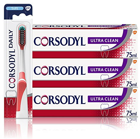 Corsodyl Gum Care Ultra Clean Toothpaste and Toothbrush Bundle: 3X Corsodyl Ultra Clean Toothpaste 75ml & 1x Daily Toothbrush Soft