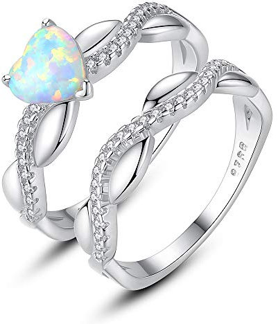 VIKI LYNN Synthetischer Opal Ring Damen-Verlobungsring aus 925er-Sterlingsilber, Herz-Opal, Ring-Set für Hochzeit, Ewigkeit und Verlobung