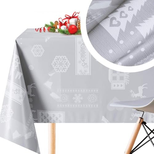 KP HOME Abwischbare PVC Tischdecke, Rechteckig 250 x 140 cm, Wasserabweisendes Wachstuch, Esstischdecke, Pflegeleicht Vynil Wachstuchtischdecke Grau mit Weißen Scandi-Stil Rentieren für Weihnachten
