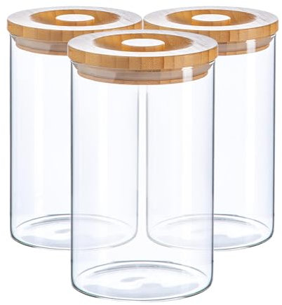 Argon Tableware Scandi Storage Jars with Wooden Lids - 1000ml - 3 Pack - Modern Round Organisation Container Glass Jar for Kitchens, Pantry, Bathrooms, Utility Rooms