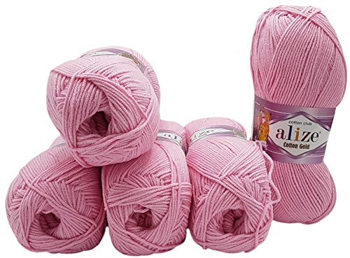 5 x 100g Strickwolle Alize Cotton gold mit 55% Baumwolle, 500 Gramm Wolle einfarbig (rosa 518)
