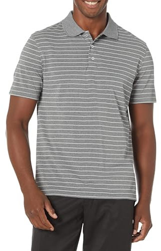 Amazon Essentials Men's Golf Polo Shirt, Short Sleeve, Slim-Fit, Quick-Dry, Medium Grey Heather Stripes, L