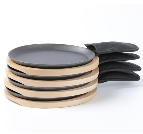 HAWOK Piatto Fajita in ghisa con vassoio in legno, set di 4