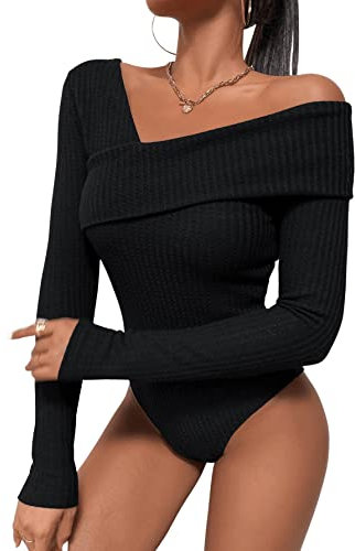 GORGLITTER Damen Body Leicht Rippenstrick Bodysuit Elegant Bodies Langarm Strickbody Outfit Oberteil Herbstshirt Schwarz L