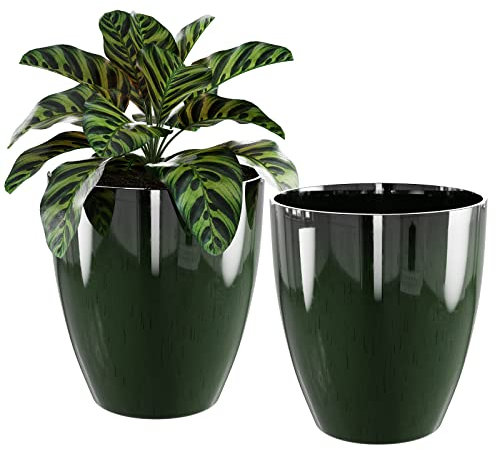 QCQHDU Plant Pots Set of 2 Pack,10 Inch Plant Pot for Indoor and Outdoor Plants with Drainage Hole,Flower Pots Modern Decorative Planter for Garden Plants (Green)