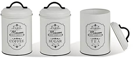 Maestro MR-1771-3CS Paris 3er Vorratsdosen Set Aufbewahrungsdosen aus Metall Dose Zucker Kaffee Tee Küchenbehälter Sugar Coffee Tea 3x Ø11,3 x 18,5cm Weiß/schwarz