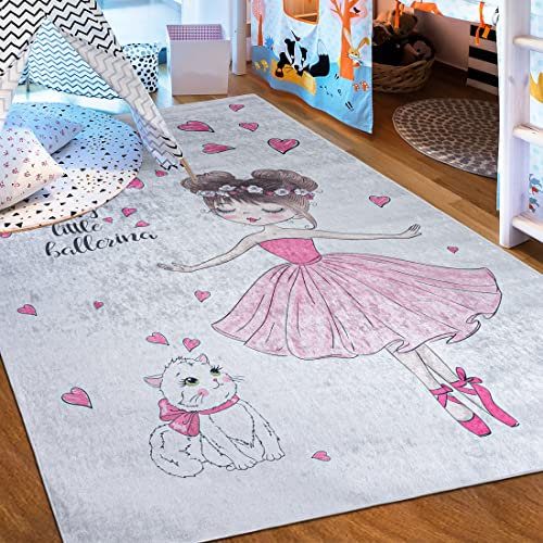 Mazovia Kinderzimmerteppich Antirutsch - Waschbar bis 30 Grad - Ballett Ballerina Katze - Kurzflor Kinderteppich Teppich für Kinderzimmer - ÖKO-TEX - Teppiche Mädchen Rosa Pink Grau 120 x 170 cm