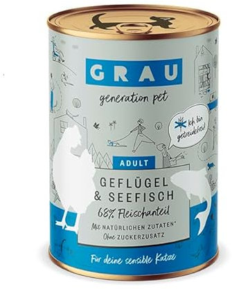 GRAU – das Original – Nassfutter für Katzen - Geflügel & Seefisch, 6er Pack (6 x 400 g), getreidefrei, für erwachsene Katzen