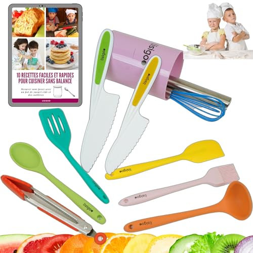 Utensile cucina per bambini – Set accessori cucina per bambini Montessori composto da coltello per bambini, rotolo da pasticceria, maryse, spatola, cucchiaio, frusta, pennello, mestolo, pinze, pentola
