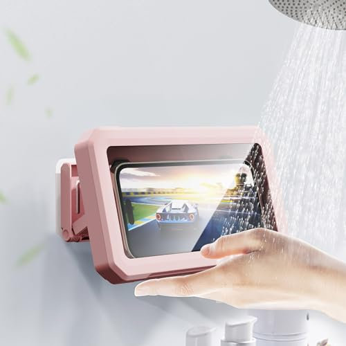 PZOZ Bath Phone Holder 360°Rotate & 145°Angle Bathroom Phone Holder PET Screen Protector Waterproof Shower Phone Holder Phone Wall Holder Sticky Phone Case for Wall Mount (Pink)