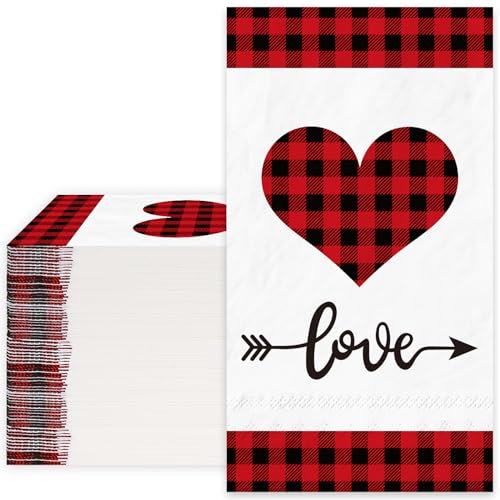 Whaline Valentinstagsservietten rot schwarz kariert Herz 3-lagig Einweg-Papierservietten Love Dinner Handtuch Servietten für Urlaub Party Tischdekoration Zubehör, 80 Blatt