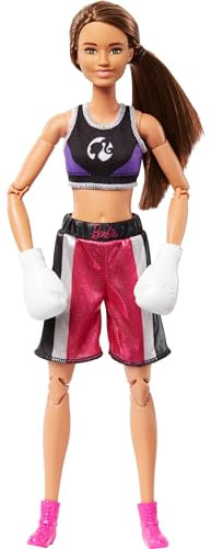 Barbie - Boxer Made to Move, bambola mora con guantoni e uniforme da pugile rimovibili, snodata e con 22 punti d'articolazione, giocattolo per bambini, 3+ anni, HRG40