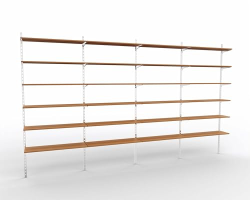 goodsforbusiness Wandschienensystem Sets New York Regalsystem Chrom inkl. Bodenträger und Regalböden, Wandschienen H-Lochung, Verkaufswand erweiterbar, Ladenbausystem für Textilien (Buche, 4er Set)