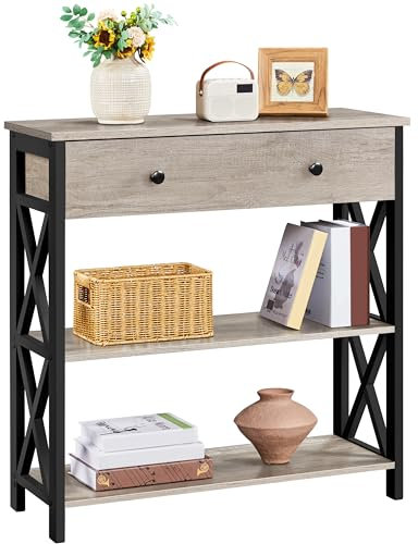 Yaheetech Table Console en Bois, Meuble d'Entrée, Table d'appoint avec 1 Grand Tiroir et 2 Etagère de Rangement, Design en Forme X, pour Salon Couloir, Gris, 80 × 30 × 80 cm