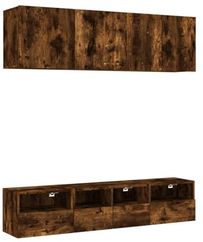 vidaXL Wohnwand 5-TLG., Schrankwand mit viel Stauraum, Wandmontage Anbauwand Fernsehschrank, Wohnzimmer Set Schrank Wandschrank, Räuchereiche Holzwerkstoff