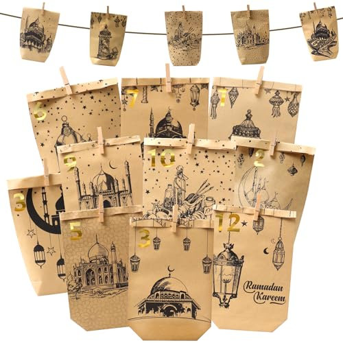 Ramadan Kalender zum Befüllen, 30 Stück Adventskalender Bedruckte Kraftpapiertüten, DIY Eid Mubarak Ramazan Dekoration Geschenktüten, Ramadankalender Tüten für Mubarak Deko Geschenke Wiederverwendbar