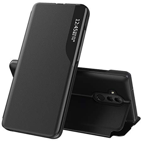 COTDINFOR Huawei Mate 20 Lite Hülle mit Sichtfenster Premium Leder Bookstyle Schutzhülle Smart View Flip Case Cover Handyhülle etui mit Klappbarer Ständer Handy-Hülle Huawei Mate 20 Lite Schwarz CC.