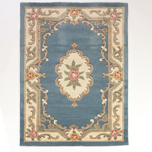 KADIMA DESIGN Traditioneller Wollteppich BEAULY mit Handgeschnitzten Details Farbe: Blau-Beige, Größe: 75x150 cm