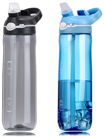 DEARART 750ml schwarze & hellblaue Wasserflaschen mit Stroh, leckdichte BPA frei versteckte Düse, Flip Up Deckel hat Griff, Anzug Büro Sport Reise Gym Yoga