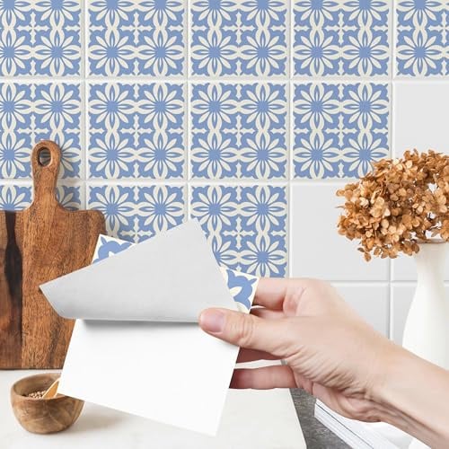 Muralo 24 Stück Fliesenaufkleber Blaue Ornamente selbstklebend - 10x10 cm | Klebefliesen, Selbstklebende Fliesen, Mosaikfliesen - ideal für Küche, Bad und Flur, Küchenrückwand, einfach anzubringen