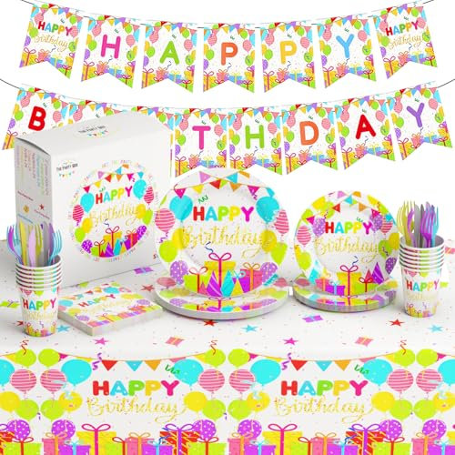 Conjuntos de suministros para fiestas de cumpleaños que incluyen platos, servilletas, tazas, tenedores, cuchillos, pancartas y manteles de 7 y 9 pulgadas - un total de 146 piezas