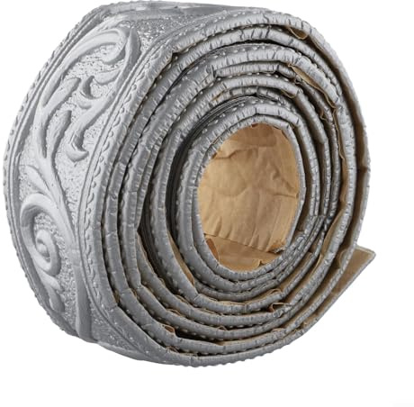 Eawfgtuw Zierleiste, selbstklebend, 230 x 5 x 0,4 cm, 3D-geprägte Schaumstoff-Wandverkleidung, Wandverkleidung, dekorative Bordüre für Badezimmer, Küche, Türrahmen, TV-Hintergrund (Silber und Grau)