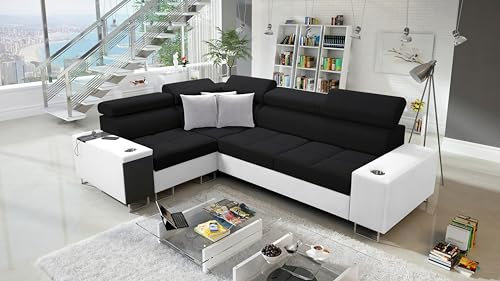 All4All Ecksofa mit Schlaffunktion Margo II 283x207 cm - Schlafsofa mit Bettkasten - Sofa in L-Form - für 4 Personen - Seite Links - Gewebe mit Kunstleder - Schwarz/Weiß - Modern 26