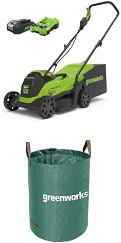 Greenworks 24V Cordless Lawnmower with Brushless Motor for Smaller Lawns up to 140m², 33cm Cutting Width, with 2Ah Battery & Charger,-GD24LM33K2 + Greenworks 120 L garden waste bag Green, AMP-120CB