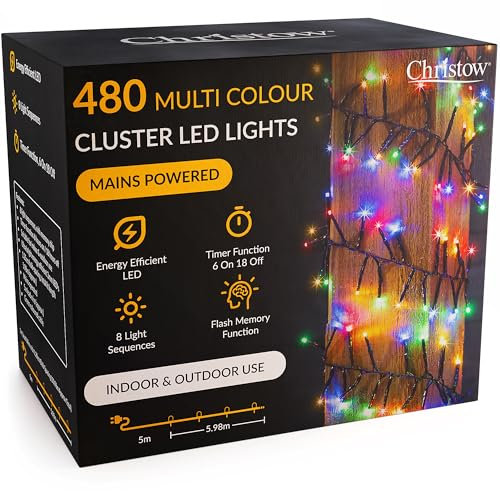 CHRISTOW 480 LED Cluster Christmas Tree Lights, Multi-Coloured Fairy Lights with Timer, 8 Light Modes, Energy Efficient 3mm Micro LEDs, Indoor & Outdoor, Mains Powered, Green Cable, 5.98m Lit Length