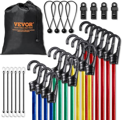 VEVOR Tendeur Élastique, Lot de 32, Cordes Élastiques Robustes, 0,25 m, 0,6 m, 0,8 m, 1 m, 1,2 m, avec Crochets en Acier, Sac de Rangement Portable, Clips, Attaches, pour Auvent, Cargaison, Camping