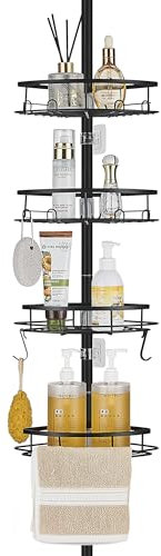 DUFU Modern Black Corner Shower Caddy with 4 Bathroom Baskets, 10 Hooks, 2 Towel Rail, No Drilling, 93-322 cm Floor to Ceiling